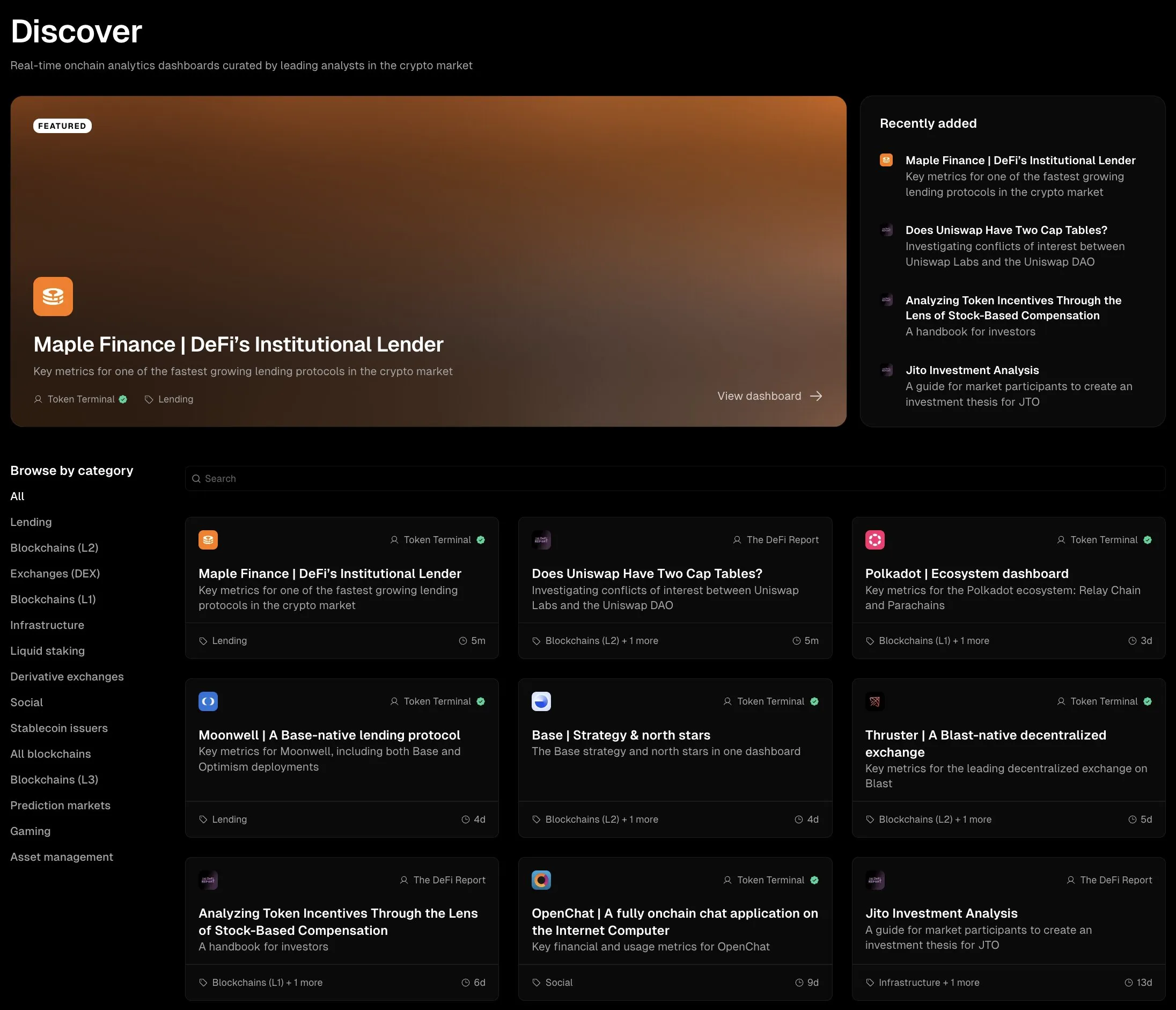 Screenshot of the Token Terminal Discover page with the Maple Finance dashboard as the featured dashboard