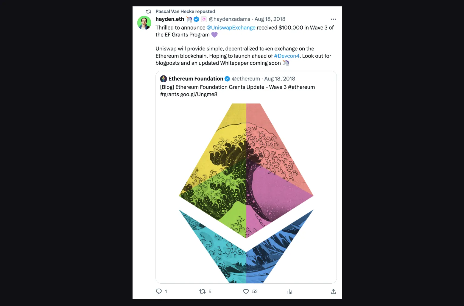Tweet from @haydenzadams in August 2018 announcing that Uniswap received $100,000 in Wave 3 of the Ethereum Foundation Grants Program
