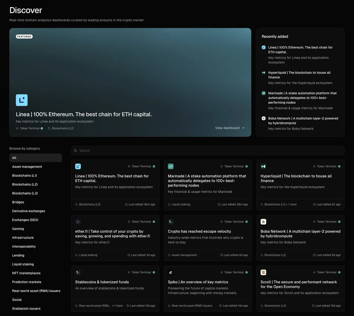 Screenshot of the Token Terminal Discover page with the Linea ecosystem dashboard as the featured dashboard