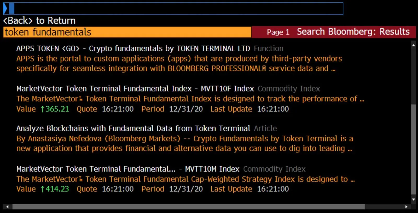 Bloomberg Terminal search results for token fundamentals, showing the Crypto Fundamentals app by Token Terminal and MarketVector indexes