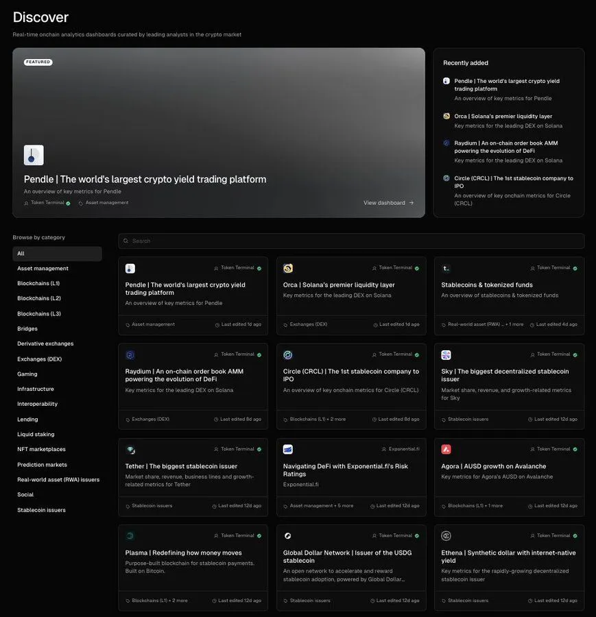 Screenshot of the Token Terminal Discover page with the Pendle dashboard as the featured dashboard