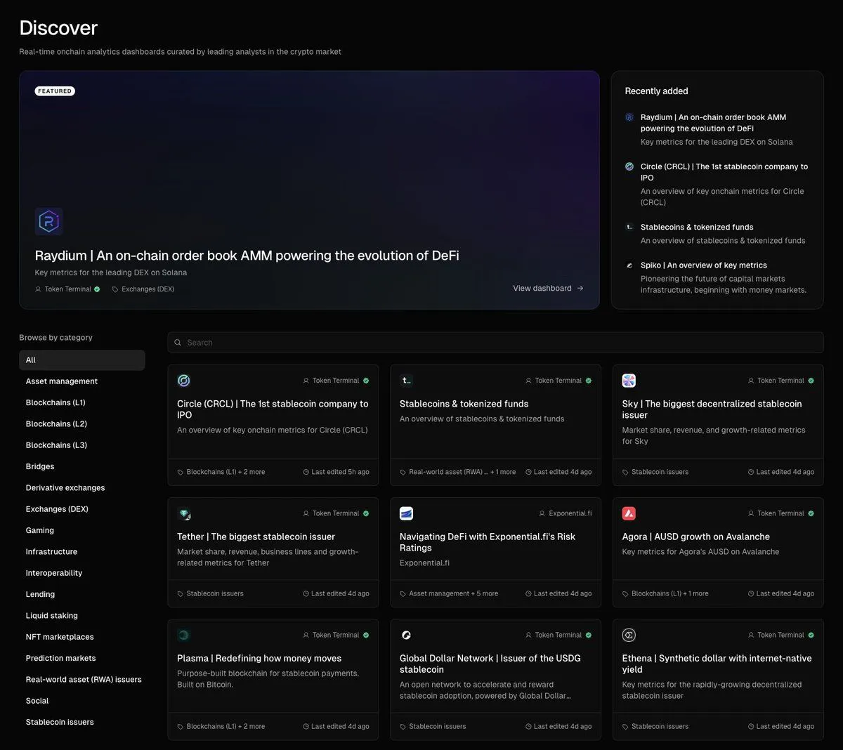Screenshot of the Token Terminal Discover page with the Raydium dashboard as the featured dashboard