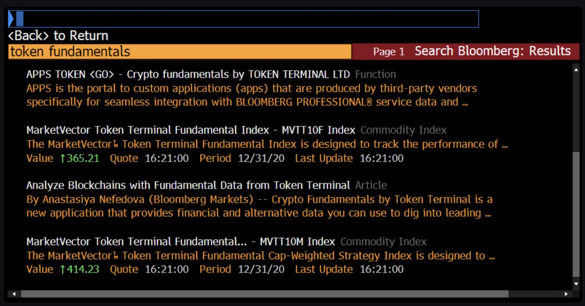 Bloomberg Terminal search results for token fundamentals, showing the Crypto Fundamentals app by Token Terminal and MarketVector indexes