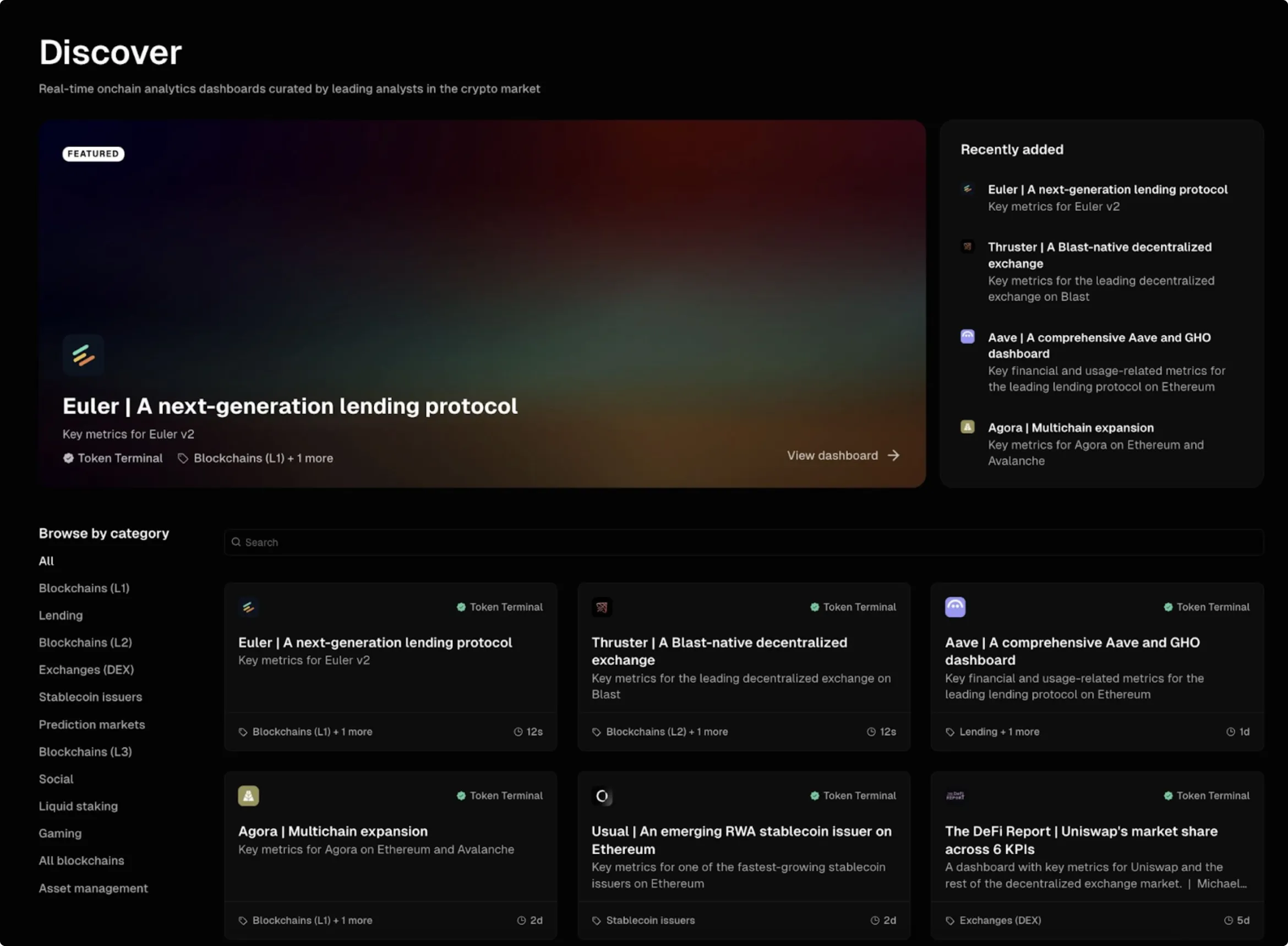 Screenshot of the Token Terminal Discover page with the Euler v2 dashboard as the featured dashboard