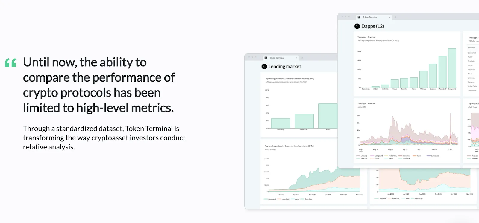 Quote saying comparing crypto protocols has been limited to high-level metrics, next to early Terminal screenshots of lending market and dapp revenue charts