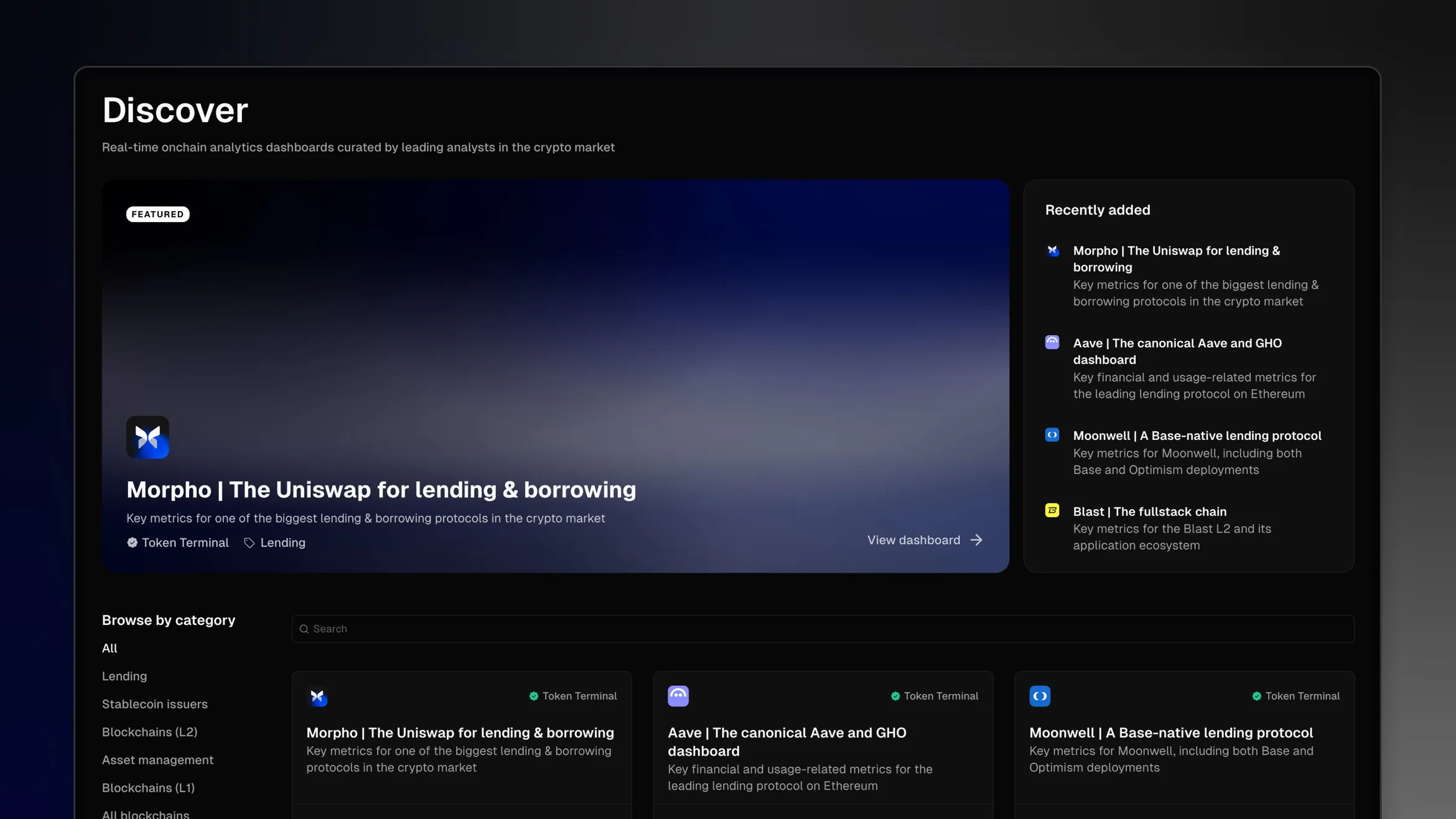 Screenshot of the Token Terminal Discover page with the Morpho dashboard featured and a list of recently added dashboards