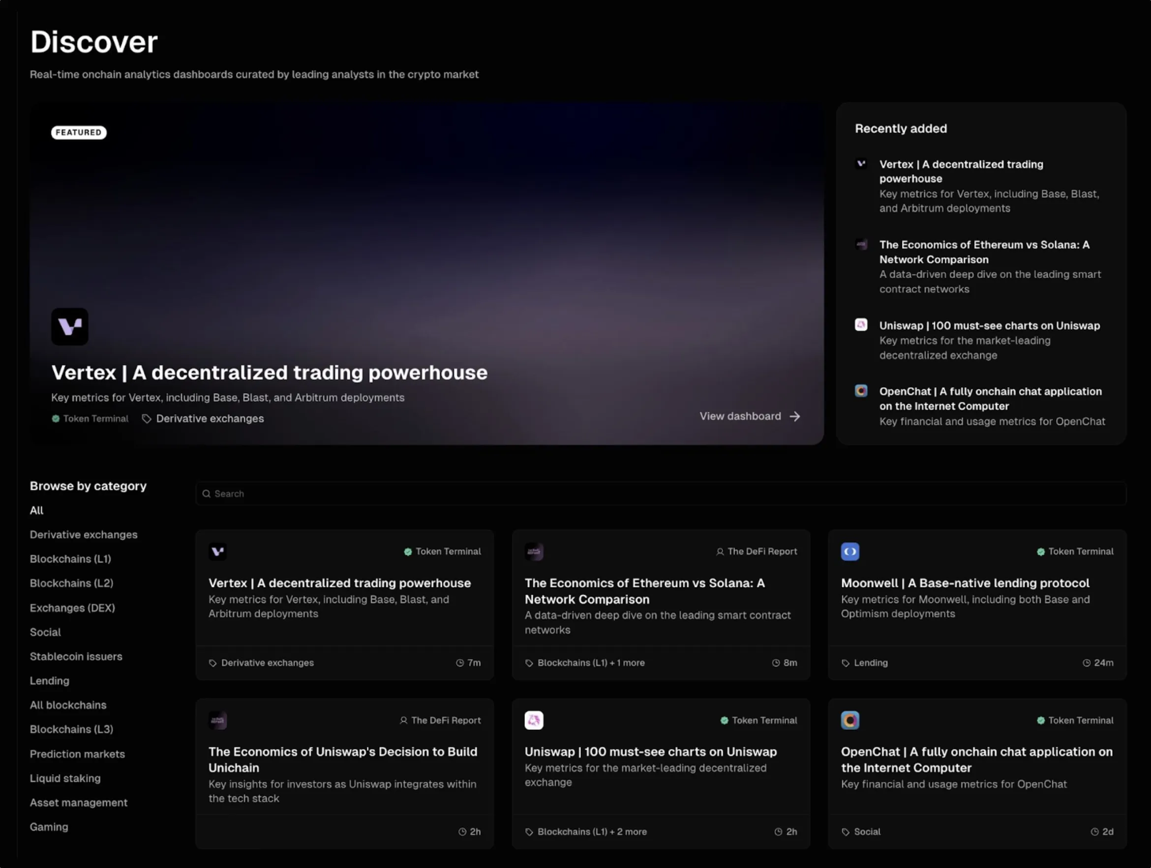 Screenshot of the Token Terminal Discover page with the Vertex dashboard as the featured dashboard