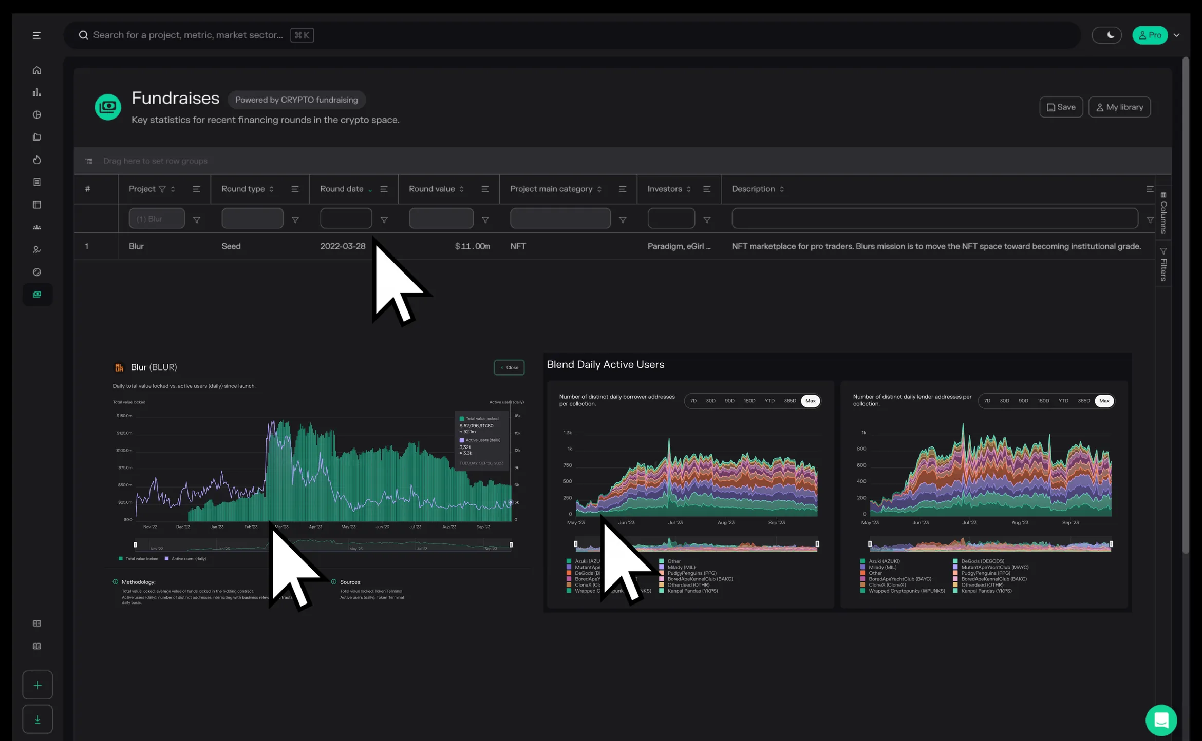 Screenshot of the Fundraises table filtered to the Blur seed round of March 2022, with charts of Blur TVL and active users and Blend daily active users