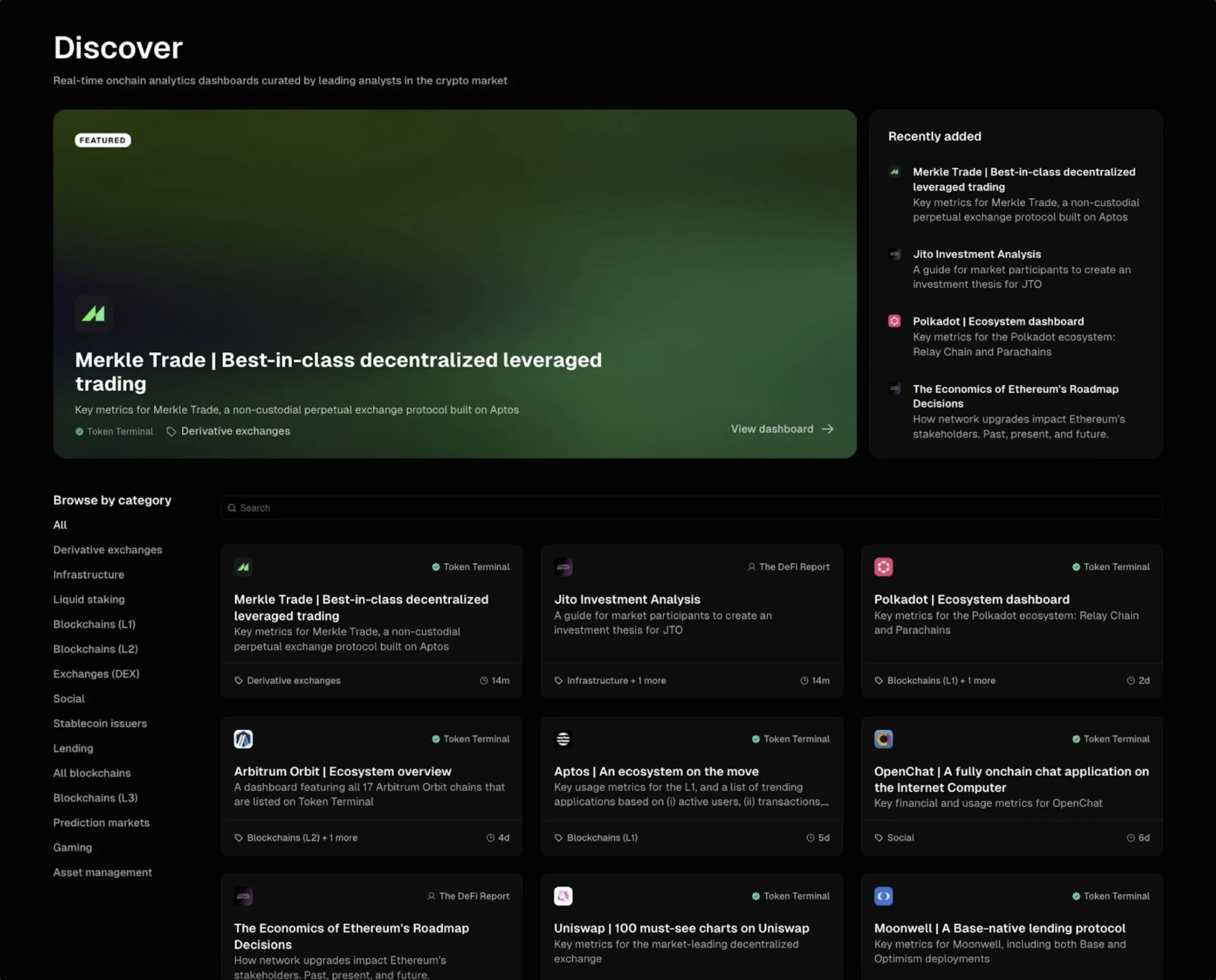 Screenshot of the Token Terminal Discover page with the Merkle Trade dashboard as the featured dashboard
