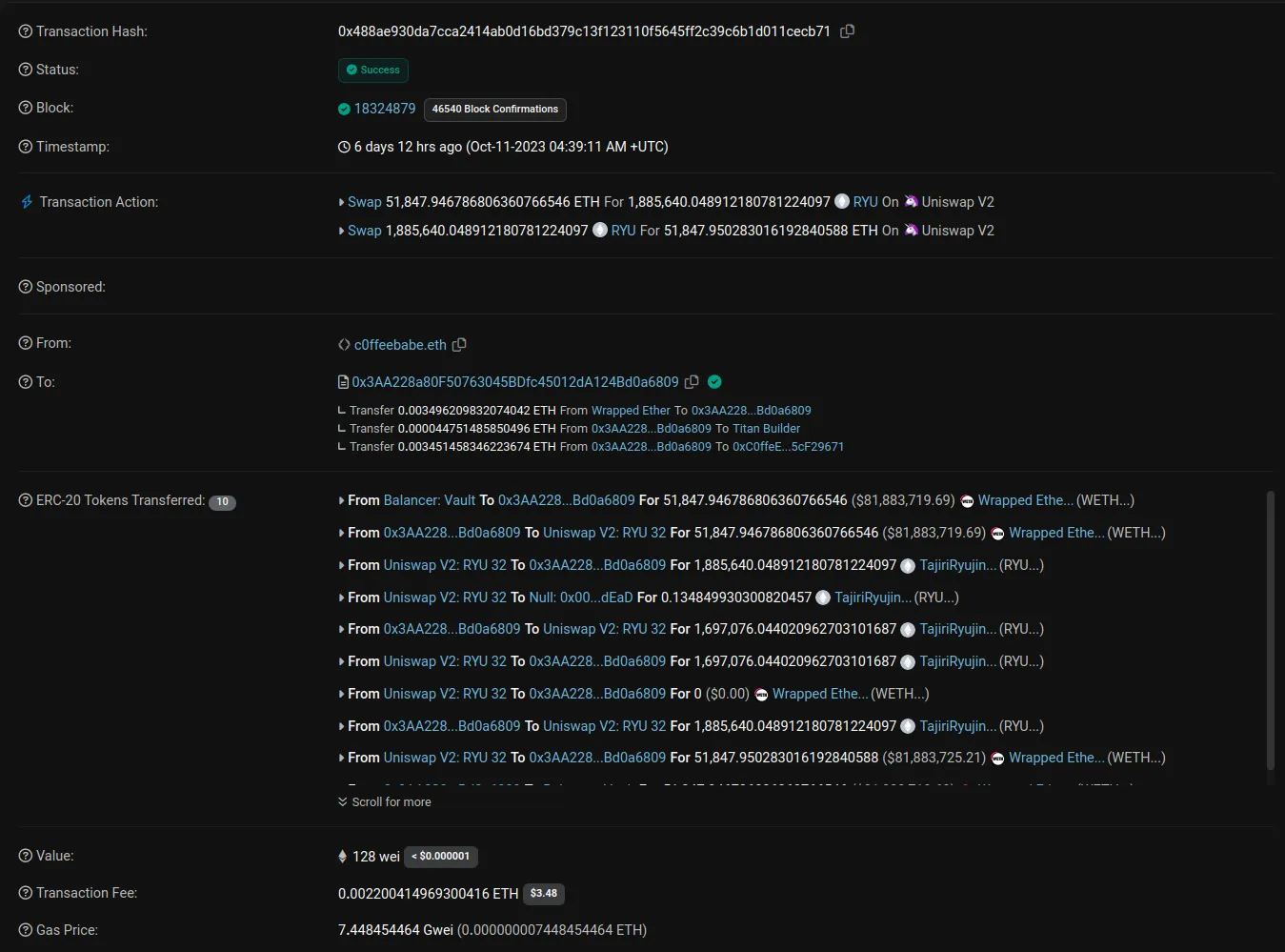 Etherscan screenshot of a suspicious transaction by c0ffeebabe.eth swapping about 51,848 WETH for RYU and back on Uniswap V2