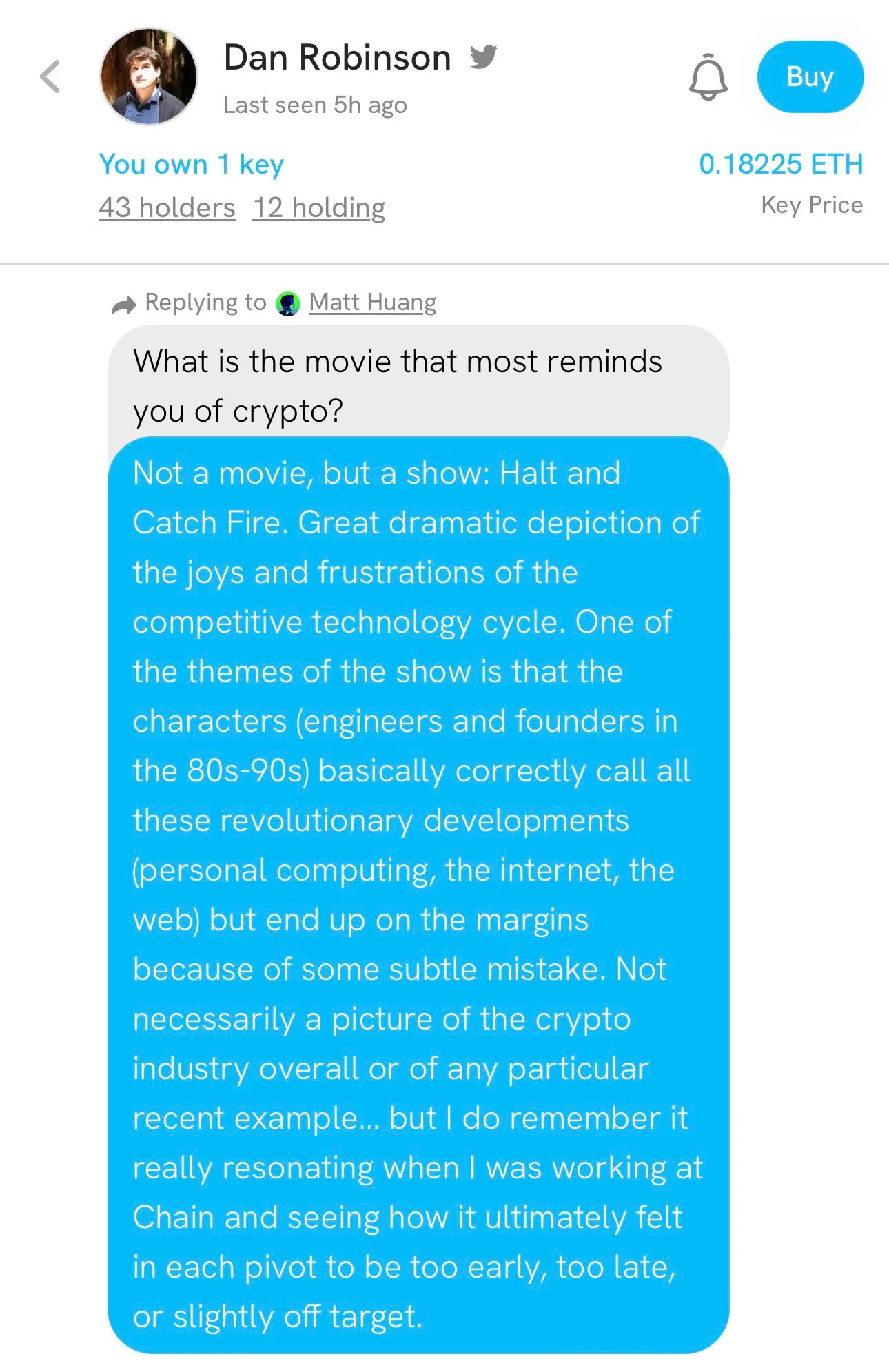 Screenshot of a friend.tech private chat where the account owner answers a key holder asking which movie most reminds them of crypto