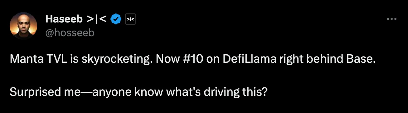 Screenshot of a post by @hosseeb noting that Manta TVL is skyrocketing and is now 10th on DefiLlama, right behind Base
