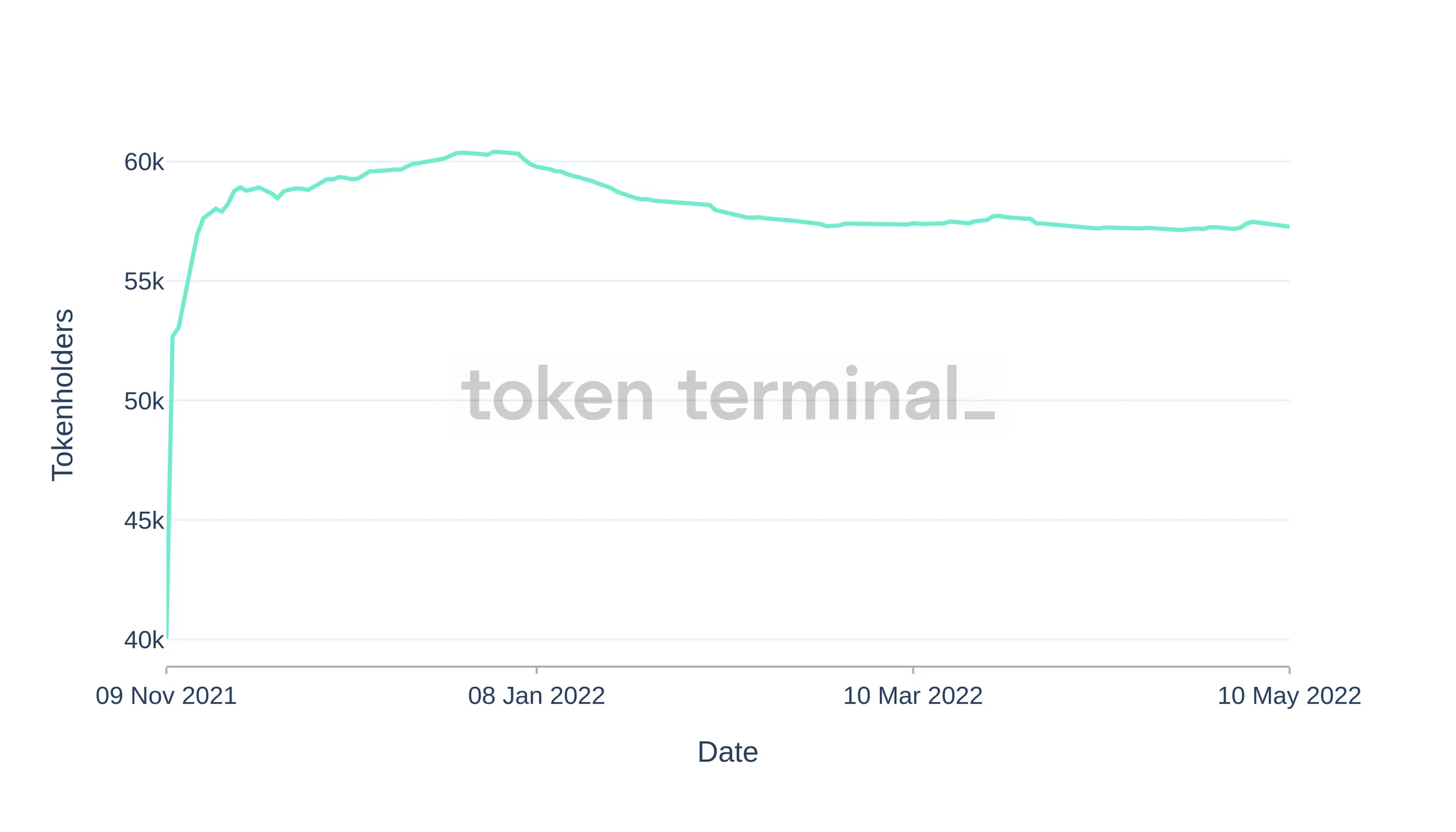 Line chart of the number of ENS tokenholders from November 2021 to May 2022, peaking near 60k in late December