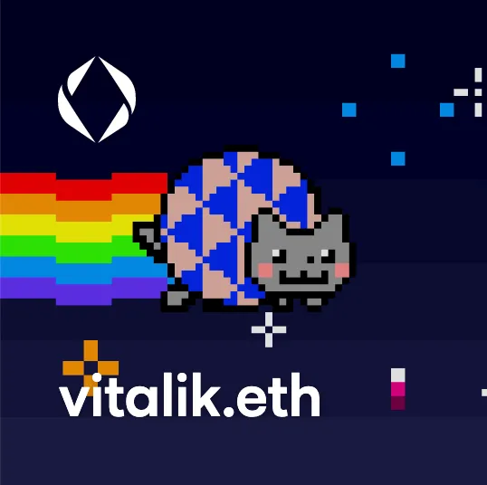 Vitalik Buterin's ENS name vitalik.eth shown with a pixel art Nyan Cat image