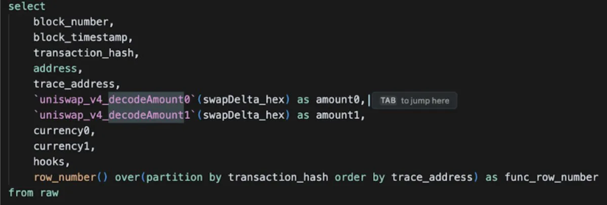 SQL query calling the decodeAmount0 and decodeAmount1 UDFs on swapDelta_hex to get amount0 and amount1