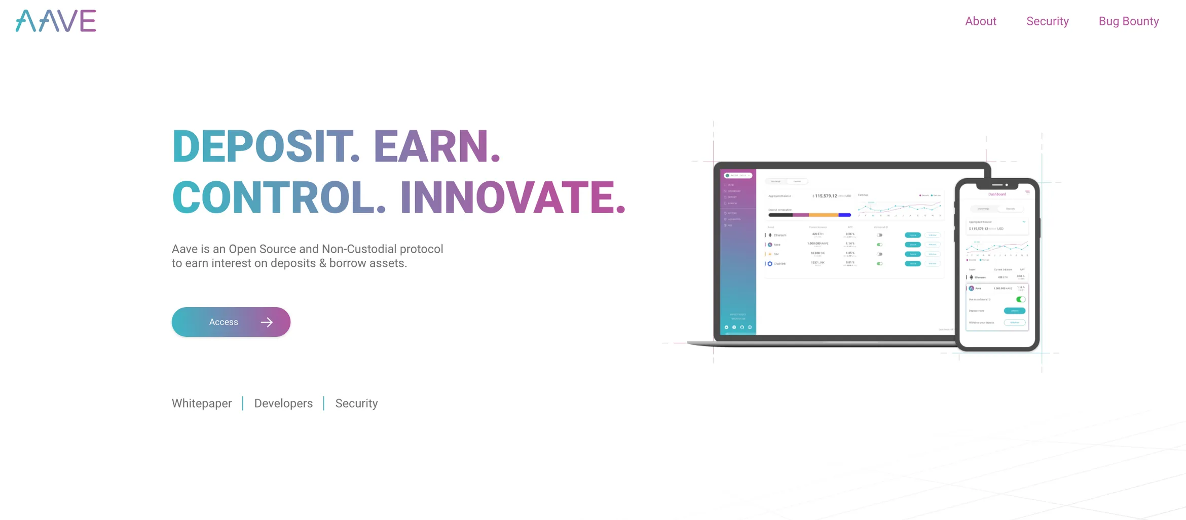 Aave website home page with the slogan Deposit. Earn. Control. Innovate. and the app shown on laptop and phone