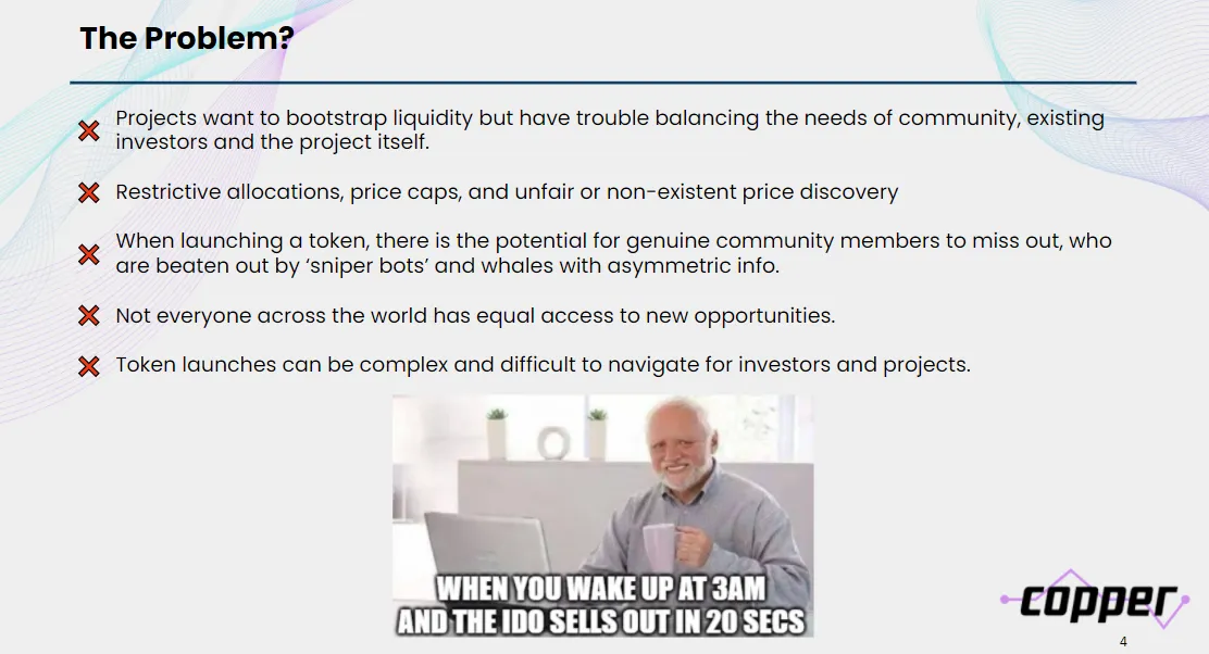 Copper slide on the problems of token launches, such as sniper bots, unfair price discovery and unequal access, with a meme