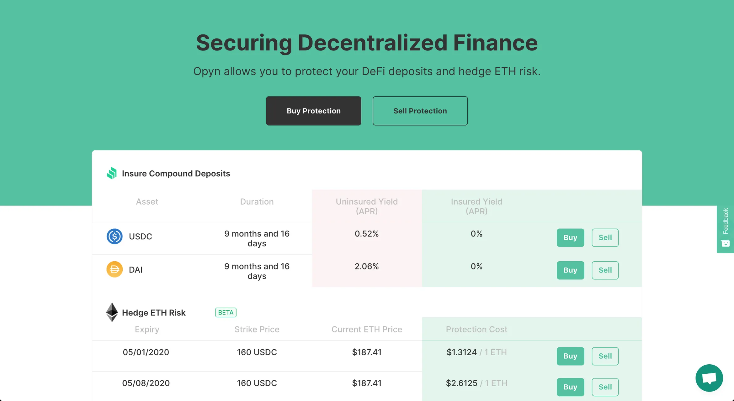 Screenshot of the Opyn app for insuring Compound deposits and hedging ETH risk with options
