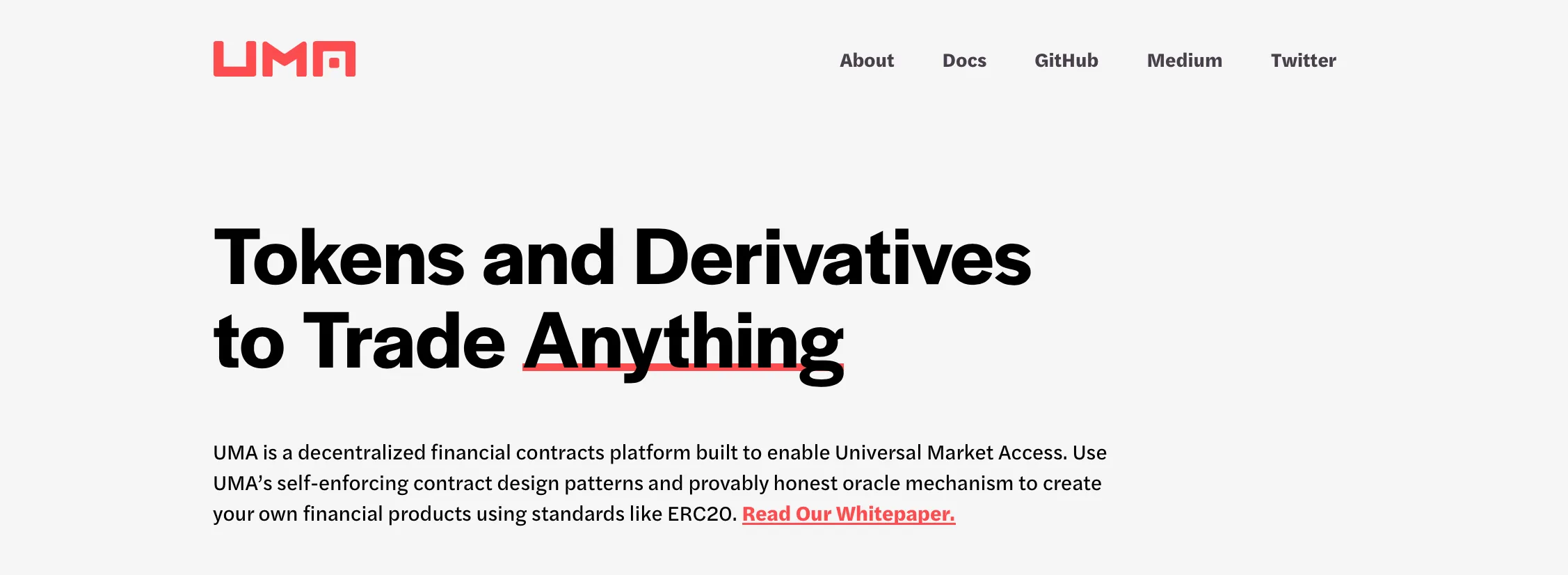 UMA website home page with the headline Tokens and Derivatives to Trade Anything