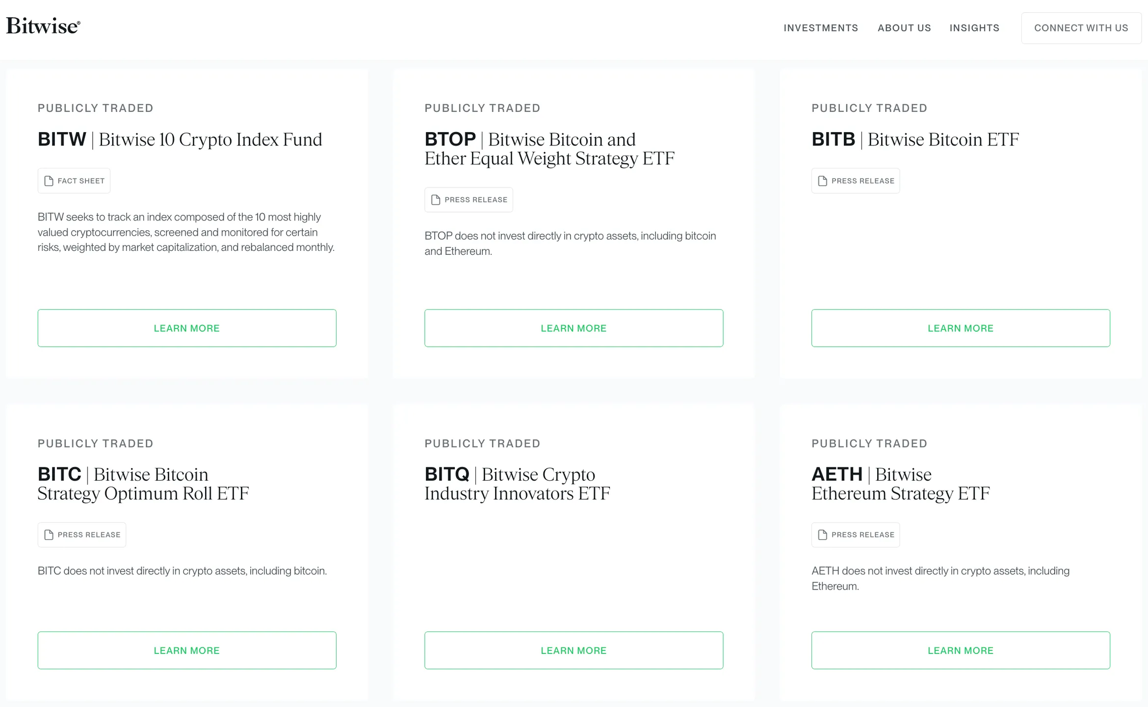 Screenshot of Bitwise's website listing publicly traded products, including BITW, BTOP, BITB, BITC, BITQ and AETH
