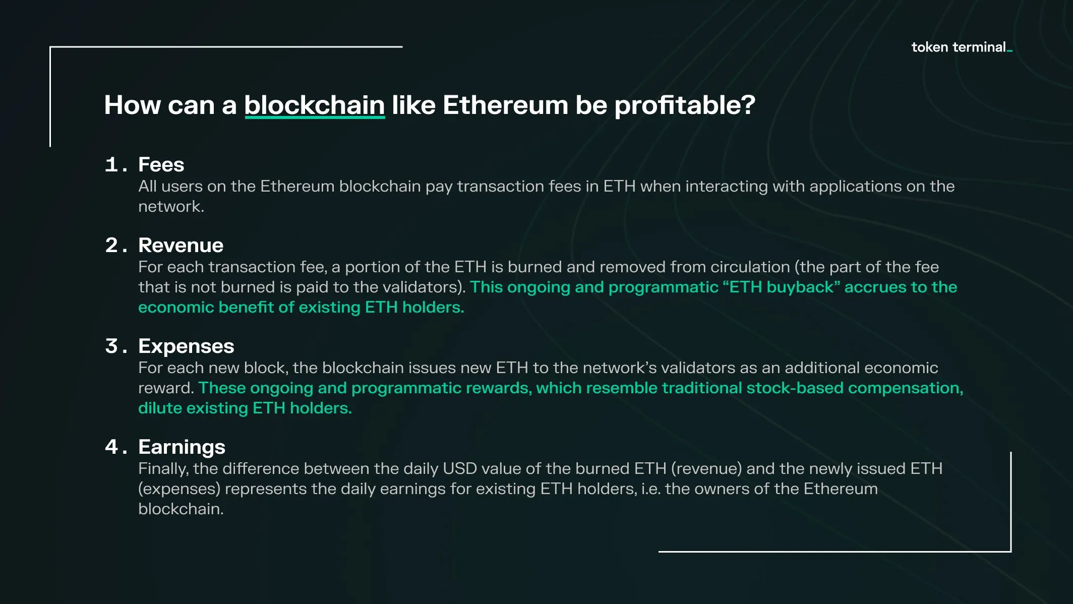 Explainer of how a blockchain like Ethereum can be profitable through fees, revenue, expenses and earnings