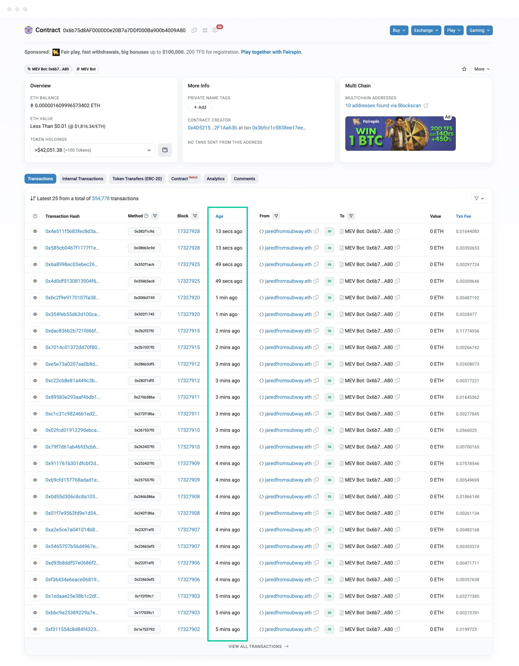 Block explorer screenshot of the MEV Bot 0x6b7...A80 contract, with its latest transactions all sent from jaredfromsubway.eth