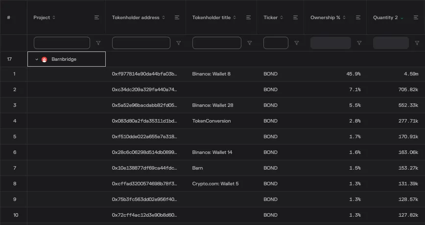 Table of Barnbridge's top 10 BOND tokenholders, led by Binance Wallet 8 with 45.9% ownership
