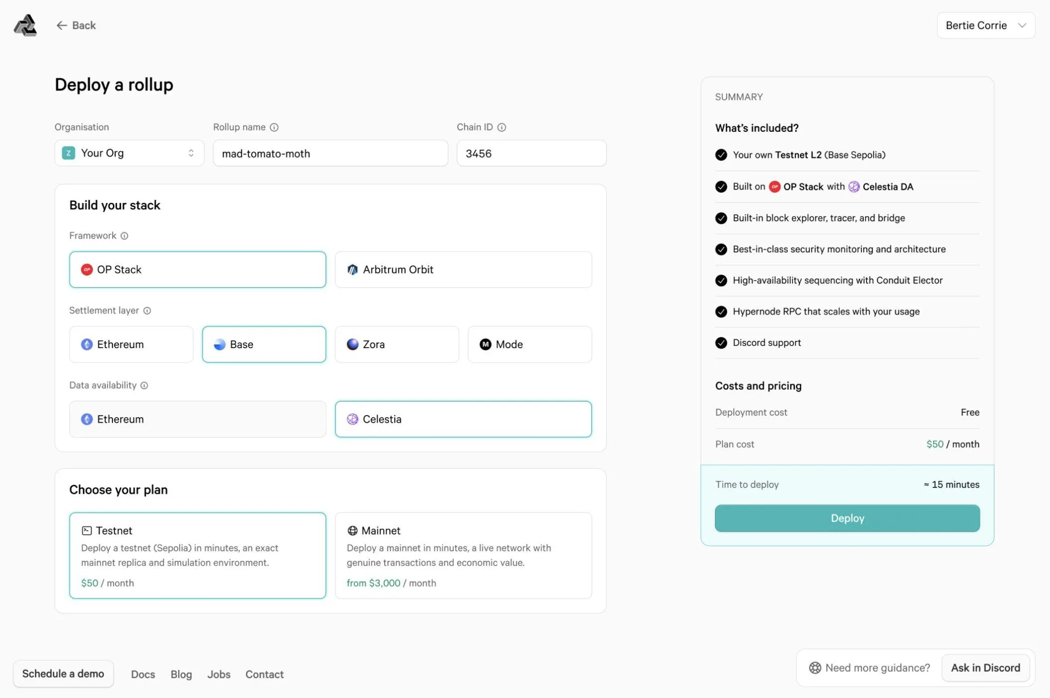 Screenshot of a rollup-as-a-service form for deploying an L2 testnet on the OP Stack with Celestia data availability