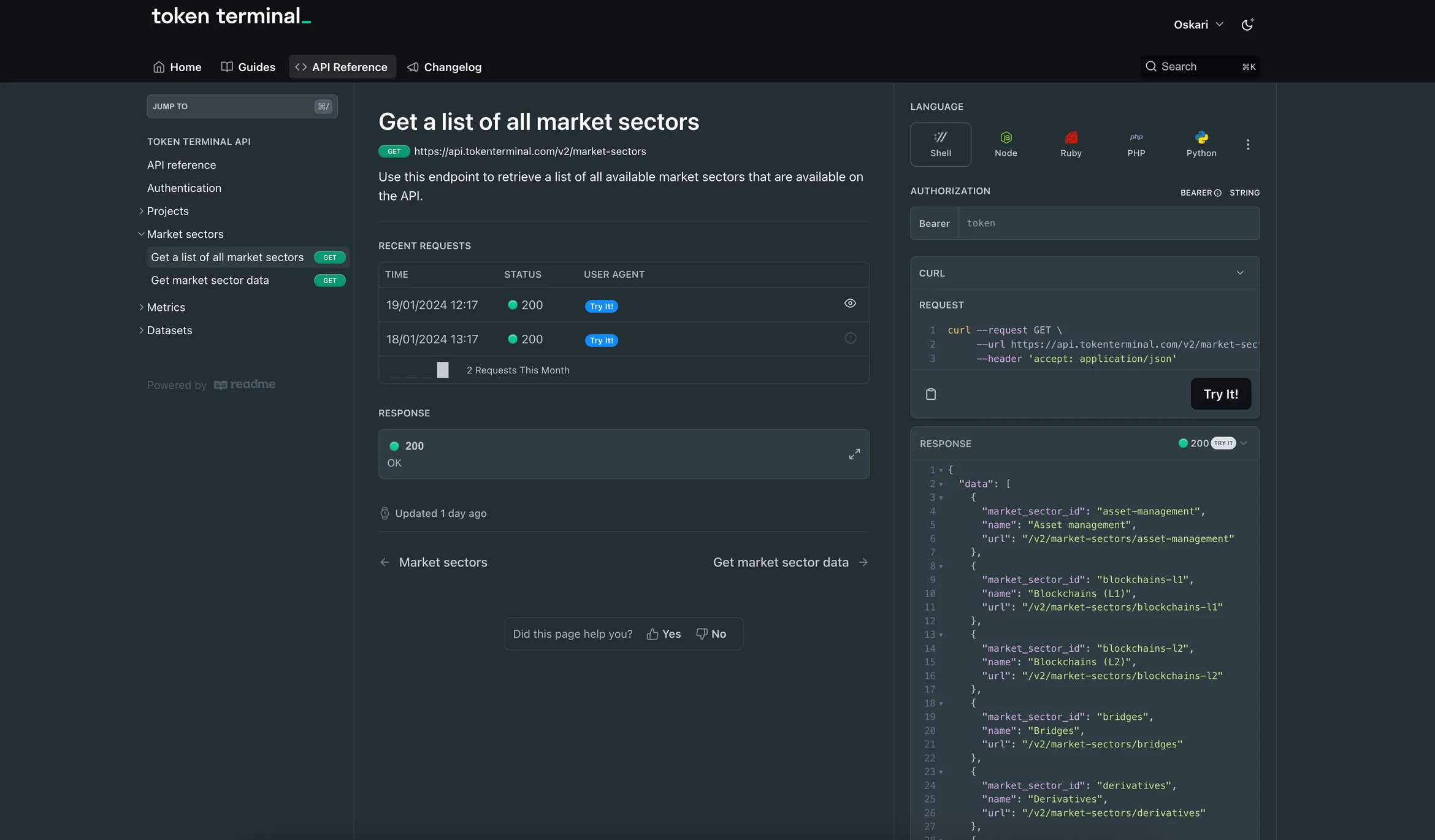 Screenshot of the Token Terminal API reference page for the Get a list of all market sectors endpoint