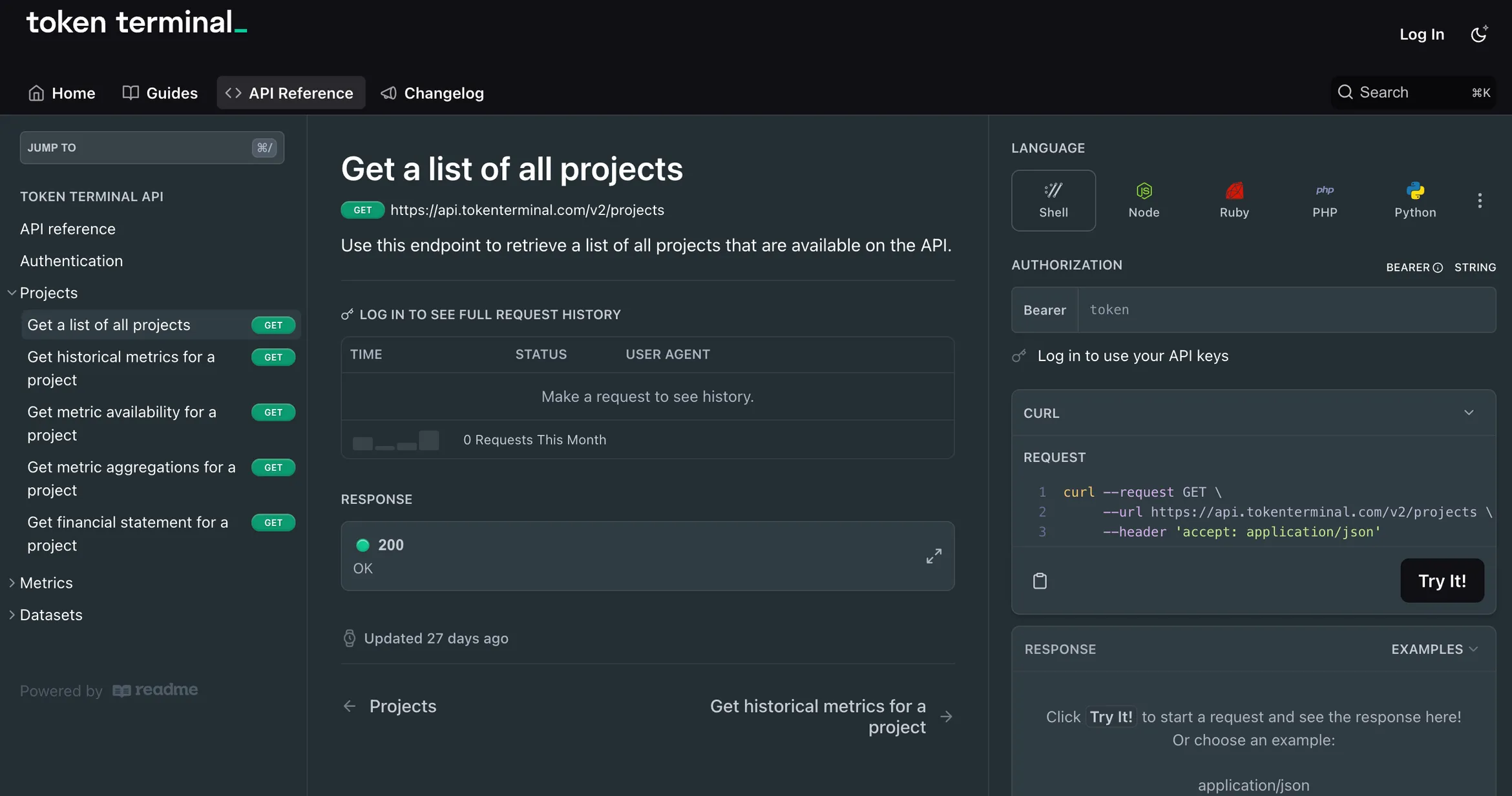 Screenshot of the Token Terminal API reference page for the Get a list of all projects endpoint