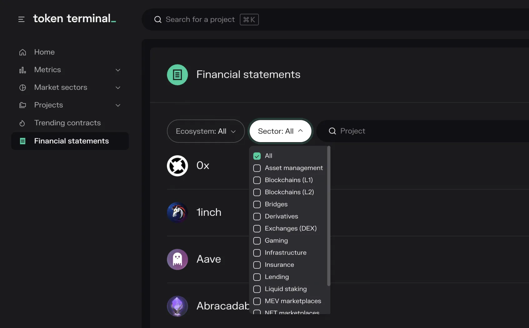 Screenshot of the Token Terminal financial statements page with the market sector filter open